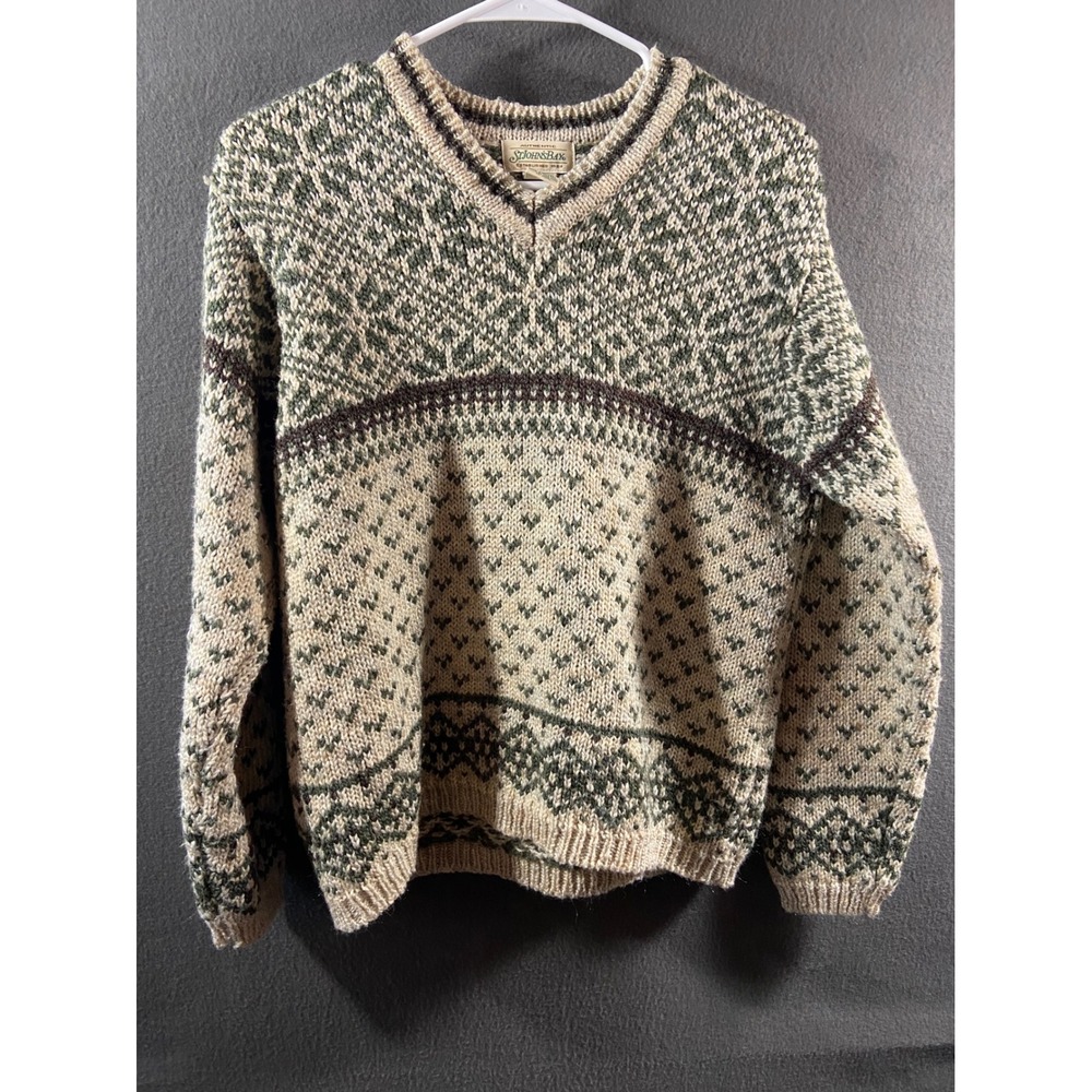 VTG Wool Sweater M Chunky Knit Nordic Fair Isle Grandpa Core Cabin Ski V Neck